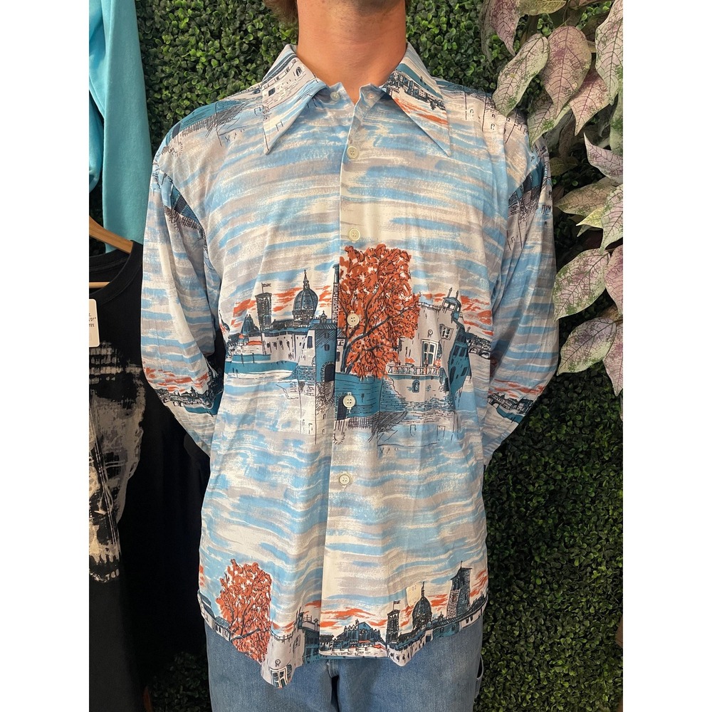vtg 70s CITY ART RETRO Button Up large cowboy disco western thin hippie boho